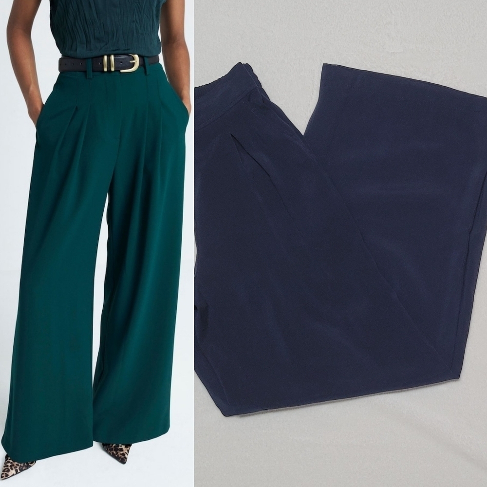 Max Studio Navy Blue Satin High Waisted Pleated Wide Leg Trousers XS